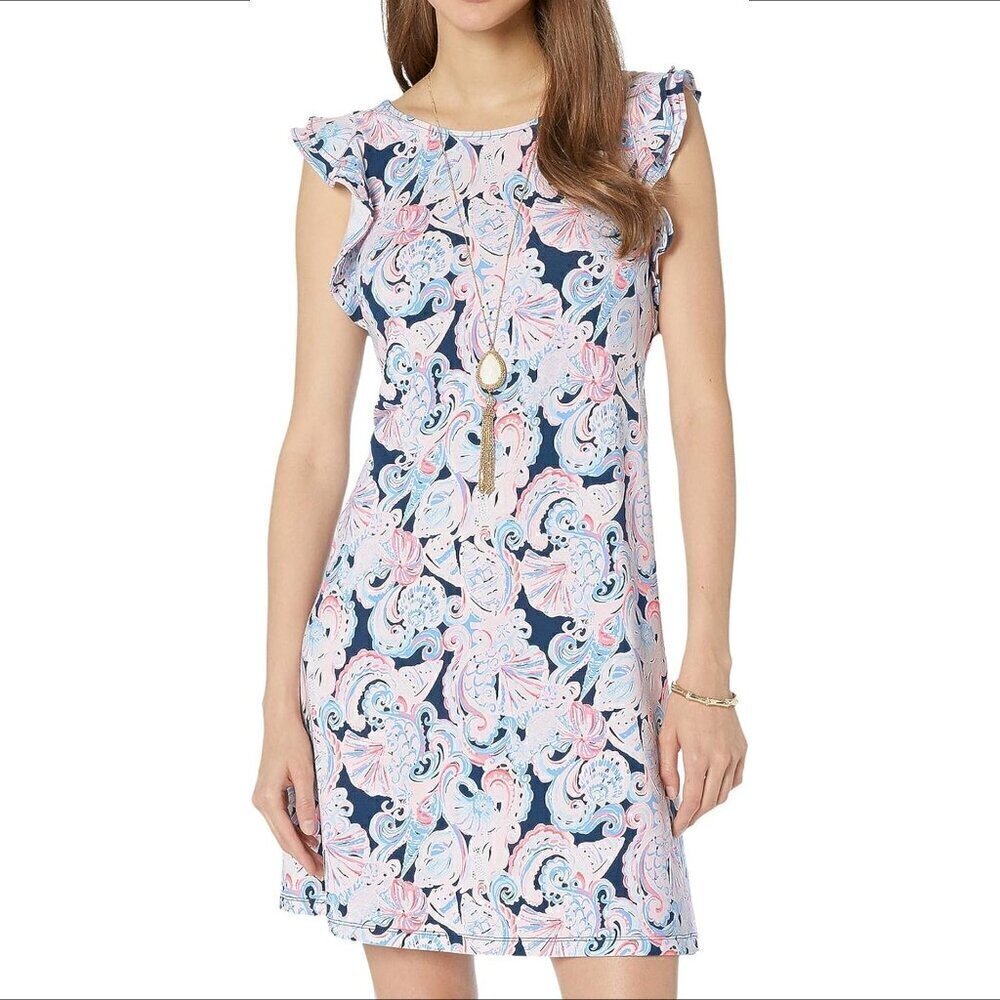 Lilly Pulitzer Dani knit shift dress ruffle high tide navy blue pink scoop Small